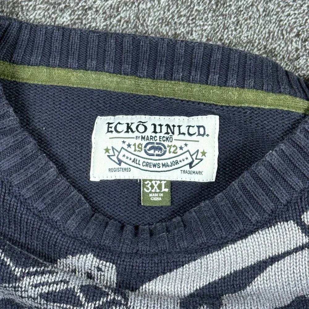 Ecko Unltd Mens 3XL Navy Blue Graphic Knit Sweater Rhinestone Hip Hop Y2K